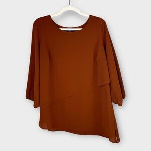 Apt. 9 cognac brown layered blouse L loose fit relaxed career 3/4 sleeve dressy